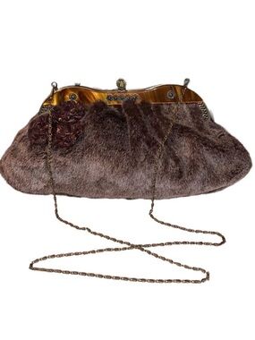 VINTAGE Embellished Brown Faux Fur Crossbody with Antique Gold Trim Chain Strap